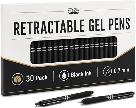Mr. Pen- Black Retractable Gel Pens, 30 Pack, 0.7 mm, Black Ink Gel Pens