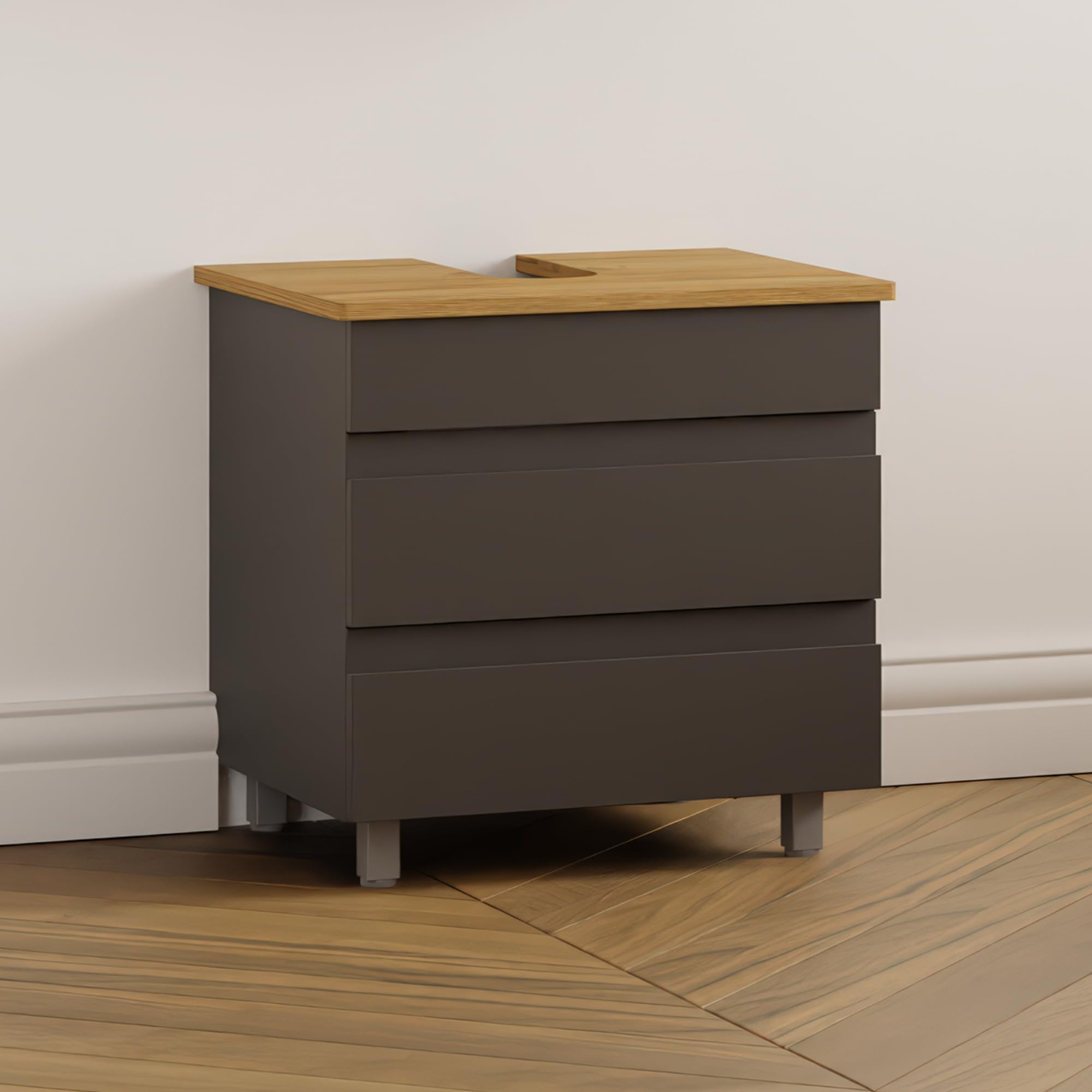 Karen Waschbeckenunterschrank Lara 60 cm | Steh-Unterschrank | Badmöbel anthrazit | Konsole mit Siphonausschnitt | Minimalistisch | Gäste-Badezimmer (Lara 60 Eiche)