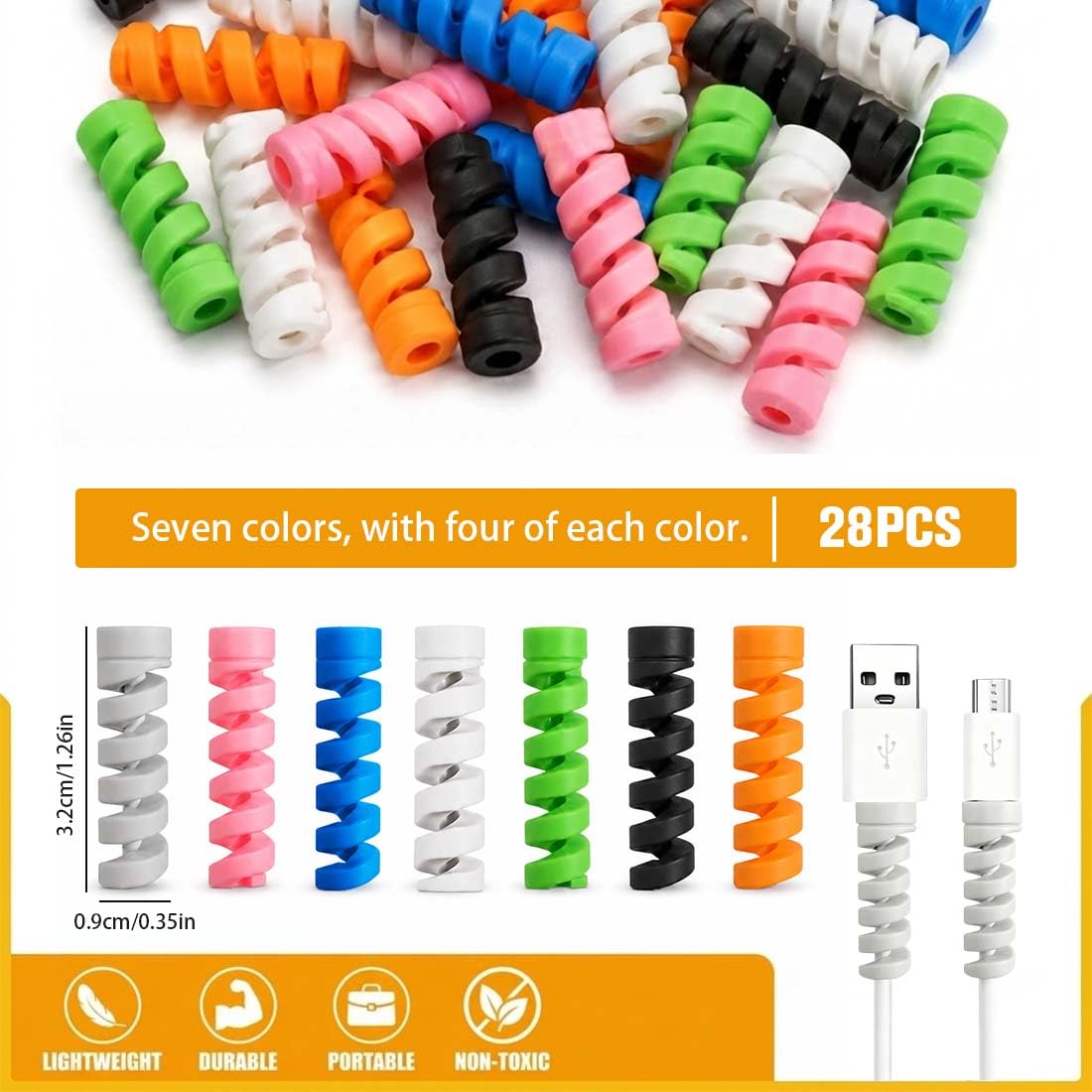 28 Protezione Cavo Copri Caricatore in silicone a spirale, antigroviglio e antirosicchiamento, per cavi Apple e Android, multicolore (verde, nero, bianco, grigio, giallo, rosa, blu)