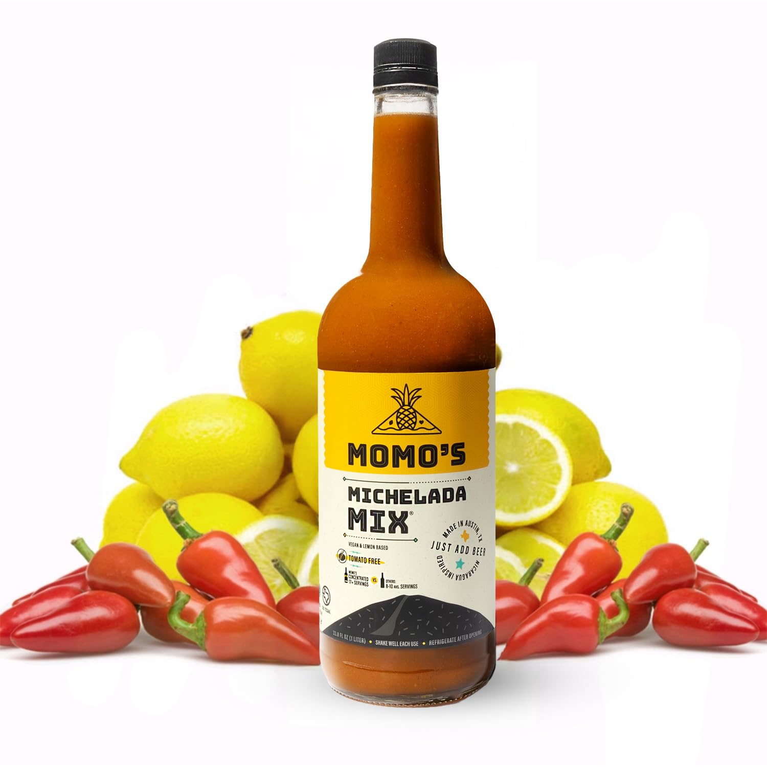 Momo's Michelada Mix - Tomato-Free, Vegan, Lemon-Based, Central American-Inspired Refreshing Fiesta Drink in a Bottle - Pack of 1 (33.8 Fl. Oz)