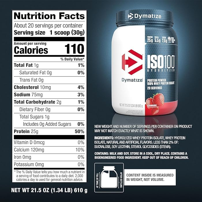 Image of Dymatize Nutrition ISO100 Whey Protein Powder Isolate, Strawberry, 25G of Protein, 20 Servings, 5.5G BCAAs, Less Than 120 Cal., Gluten Free, 1G Fat, 1G Sugar, 2G Carb