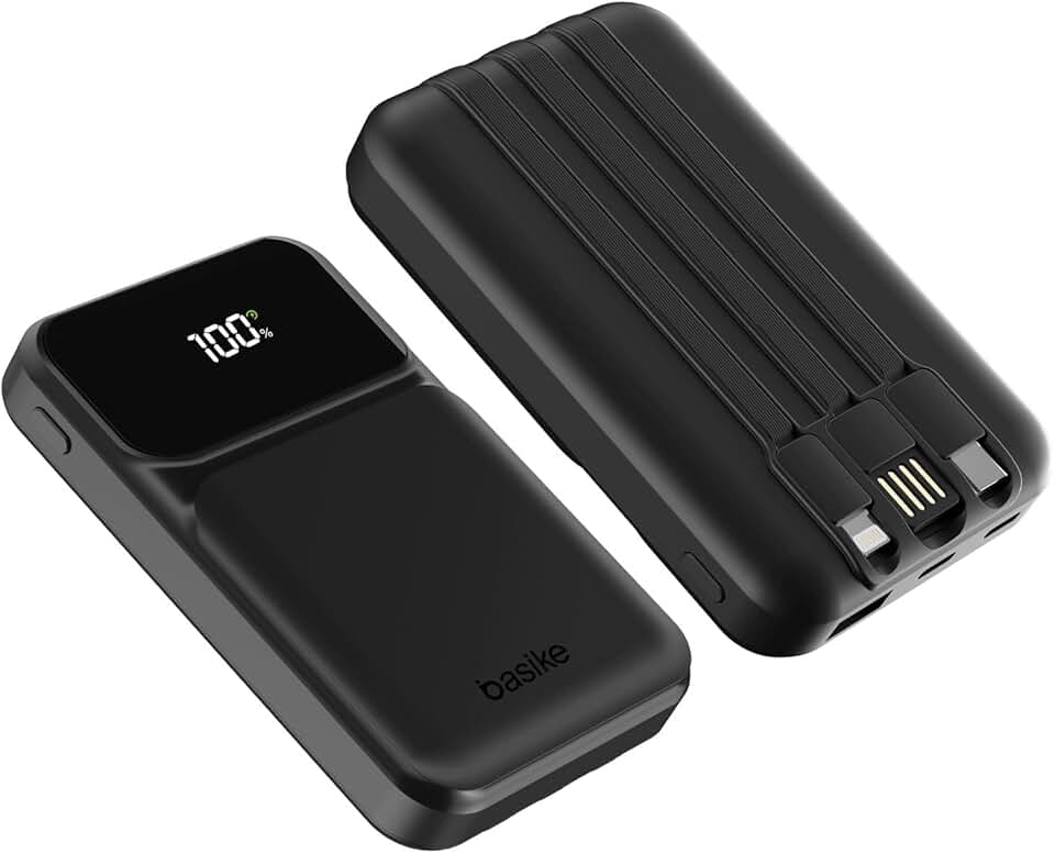 Basike Power Bank, Carregador Portátil Universal 10000mAh, USB-A(até 22.5W)+USB-C(até 20W) com 3 Cabos Integrados (USB-C, USB, Lightning) Carregamento Rápido, Led Indicador de Bateria (Preto)