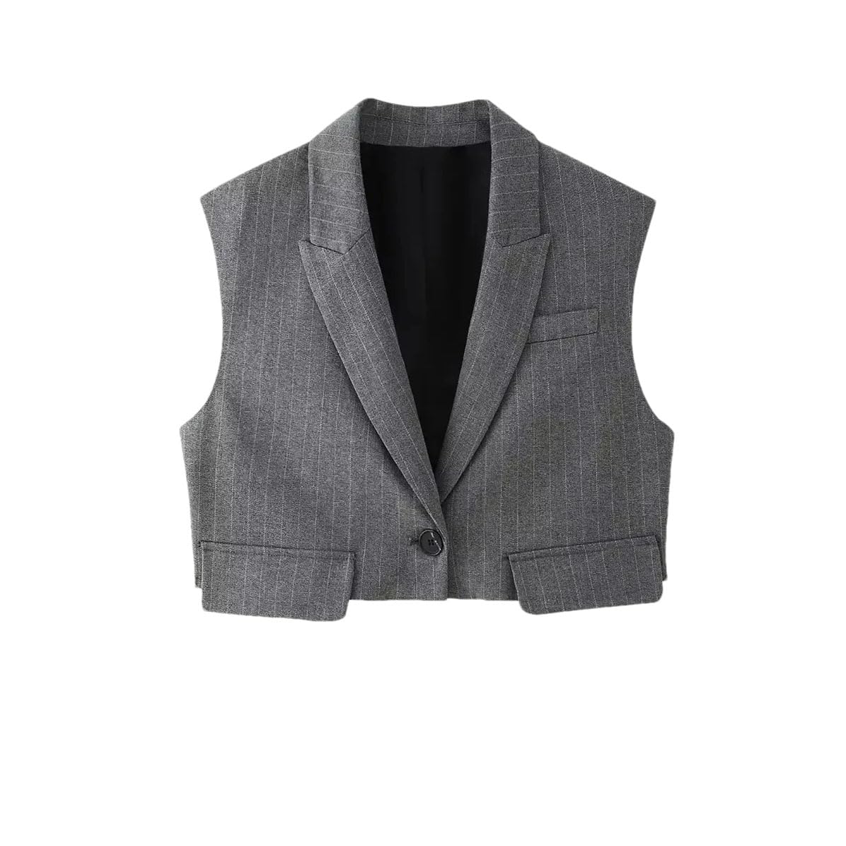 Women Vest Trousers Set Lapel Short Vest Top Pockets Vintage Female Wide Leg Long Pant Top Gray XS