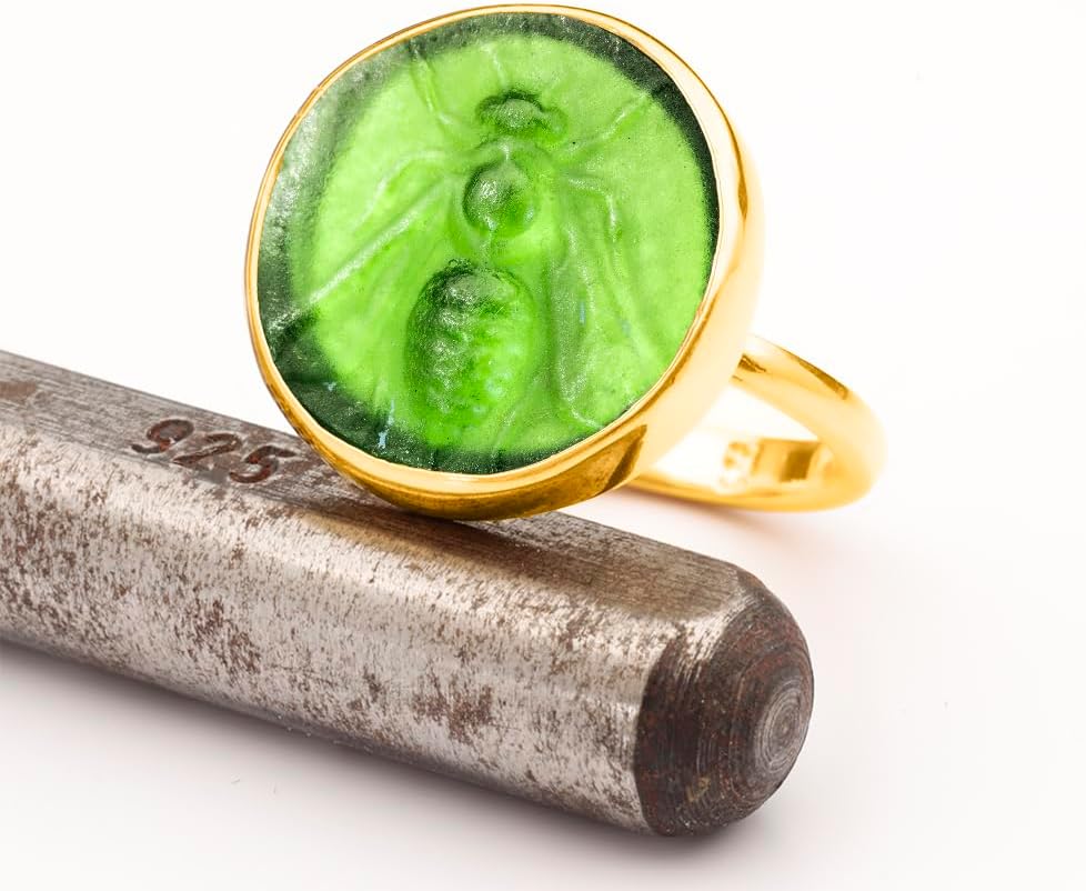Honey Bee Quenn 24K Gold Vermeil 925 Sterling Silver Green Intaglio Ring – Cameo Coin with Artemis Bumblebee Greek Goddess of Love – Handmade Mythology Jewelry for Women, Elegant Signet