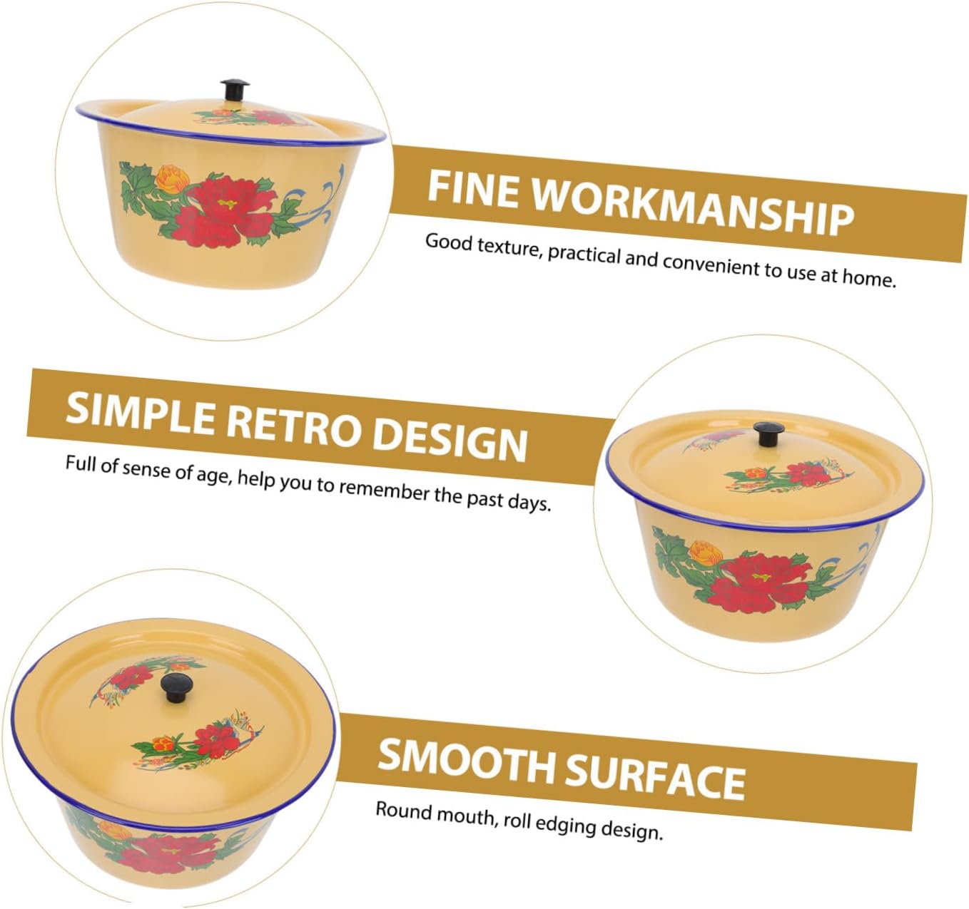 KALLORY Vintage Enamel Lard Bowl with Lid 1.4l 19.5cm Chinese Style Mixing Bowl Classic Food Pot for Home Kitchen Serving and Condiments