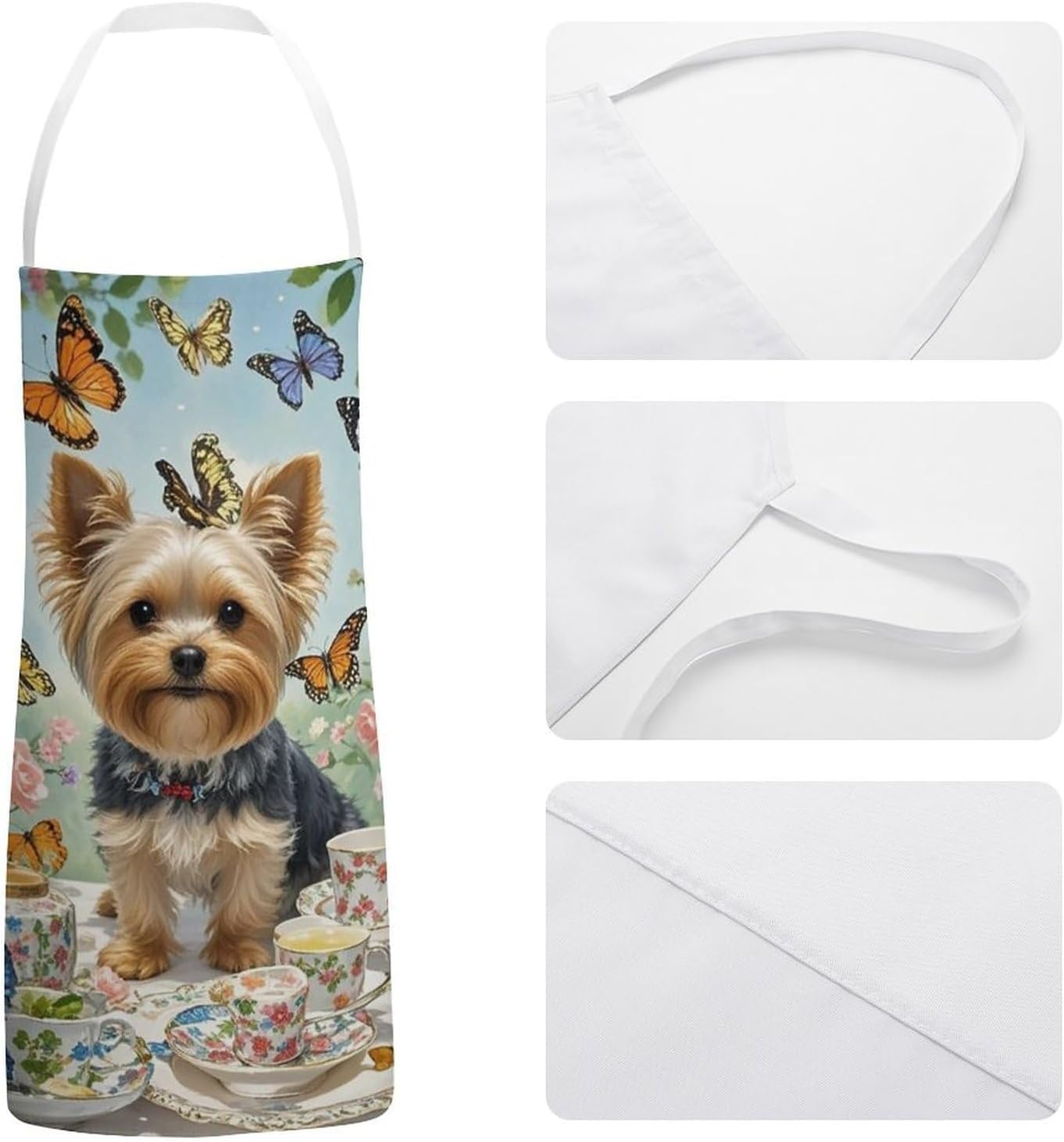 Yorkshire Terrier Tea Party Butterflies Roses Chef Apron Lightweight Soft Adjustable Bib Apron Cute Restaurant Work Aprons Washable Cooking Kitchen Aprons for Men Women Waiters