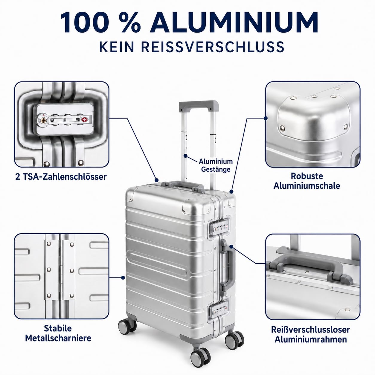 Travelhouse® Oslo Handgepäck Koffer Trolleys ohne Reißverschluss Silber 39L