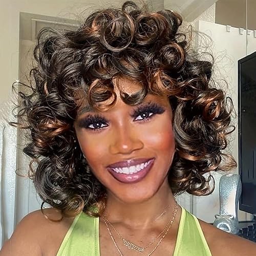 MOONSHOW Short Curly Wigs for Black Women Blonde Big Afro Curly Wig with Bangs Afro Kinky Curls Short Blonde 70's Wigs for Black Women 1BT30 Wigs