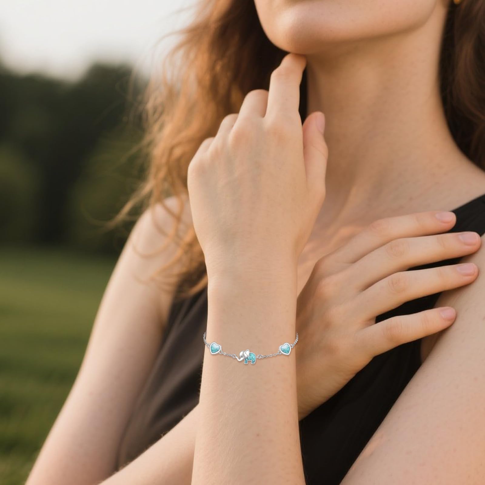 ONEFINITY Bracciale con elefanti in argento sterling 925, con cuore turchese, con elefante, idea regalo per donna