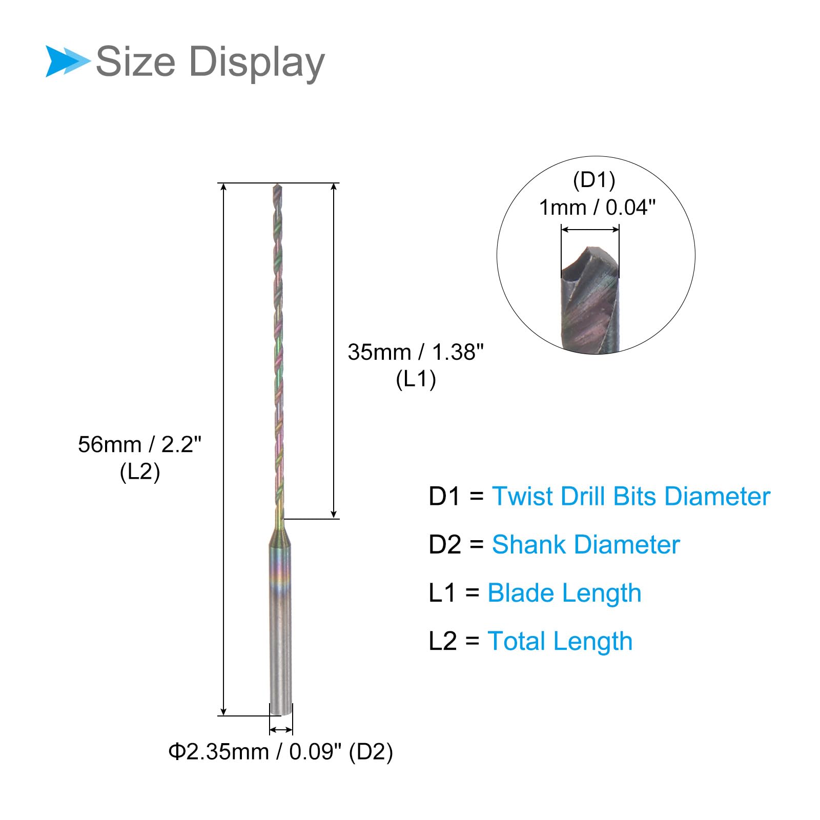 CoCud Twist Drill Bits, 1mm Cutting Diameter 0.09" Shank 56mm Length - Image 2
