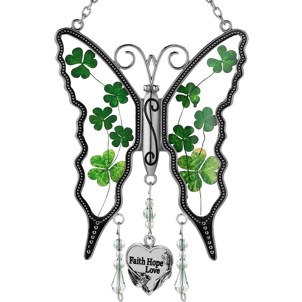 KY&BOSAMSt Patrick's Day Decorations Gifts for Mom Faith Hope Love Irish Shamrock Butterfly Suncatcher Stained Glass for Windows Ornament Wind Chime with Real Flower Wings Birthday