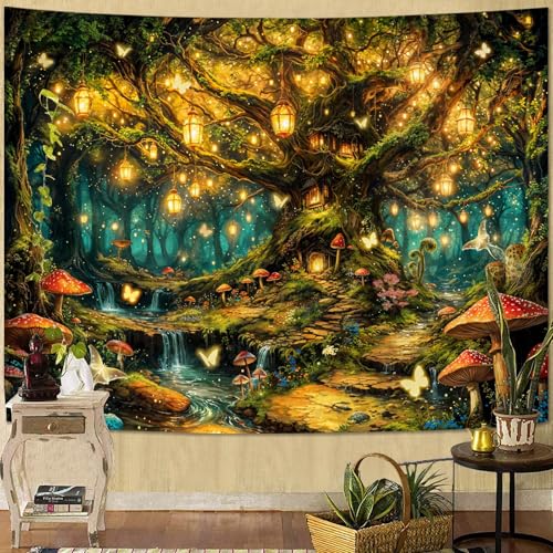 Kanuyee Enchanted Life Tree Forest Tapestry, Luminous Fairy Tale Wall