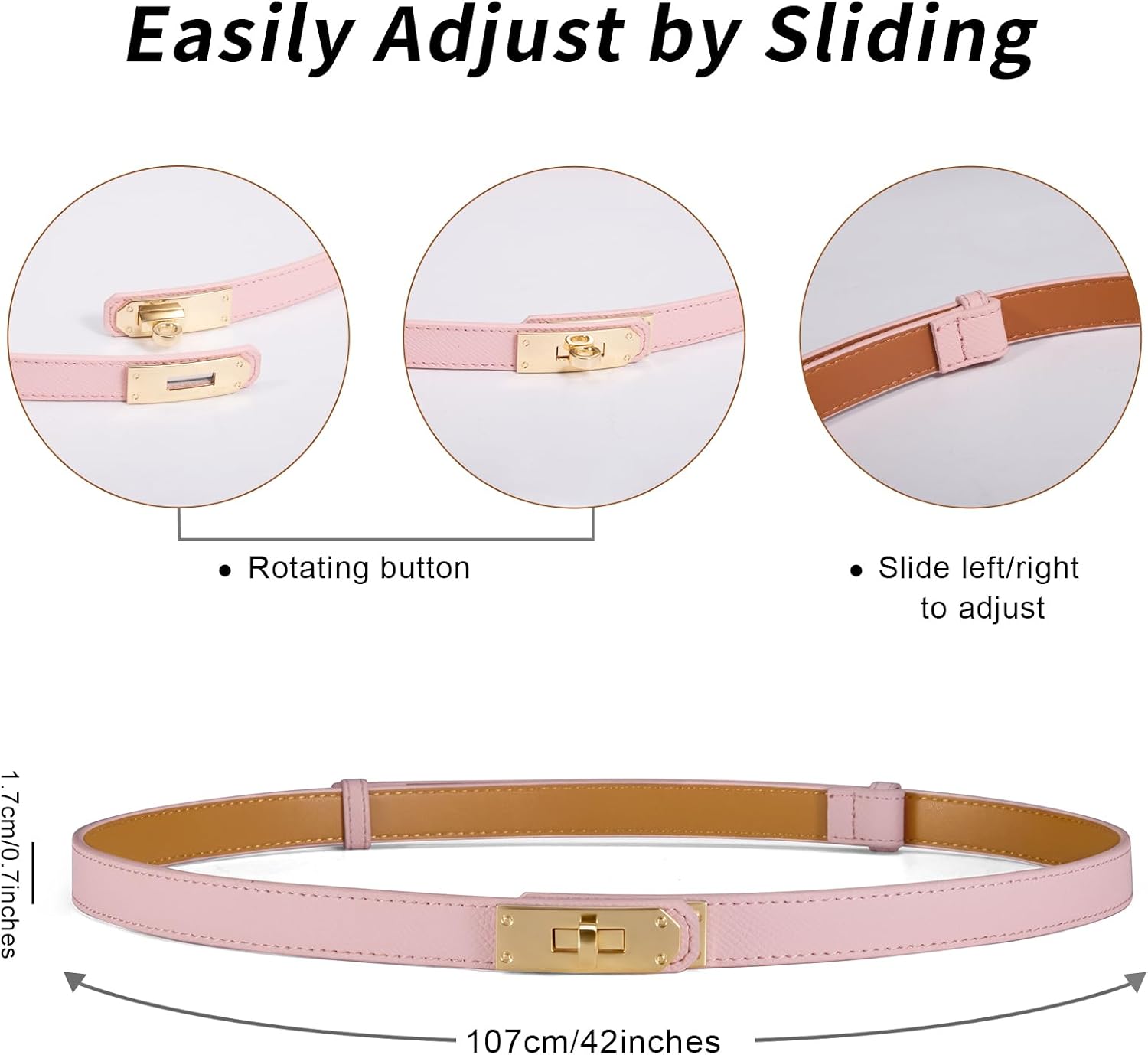 Women Skinny Leather Belt - Adjustable Dress Belt with Gold Buckle image 2