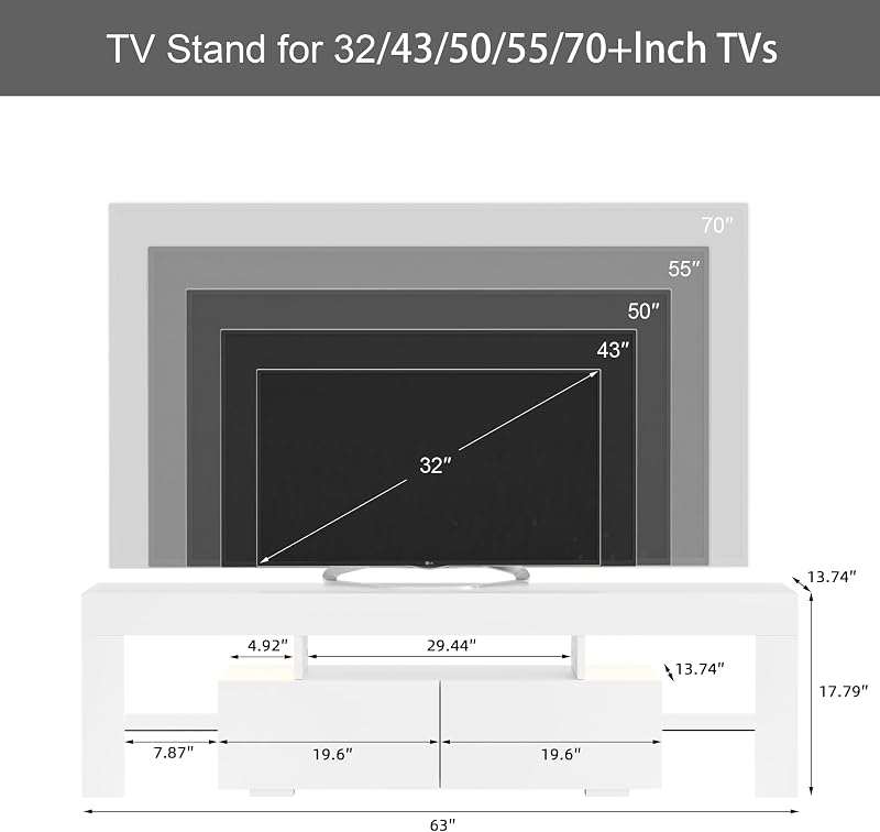 JUMMICO 63 Inch Modern LED TV Stand for 70 Inch TV (White) image 3