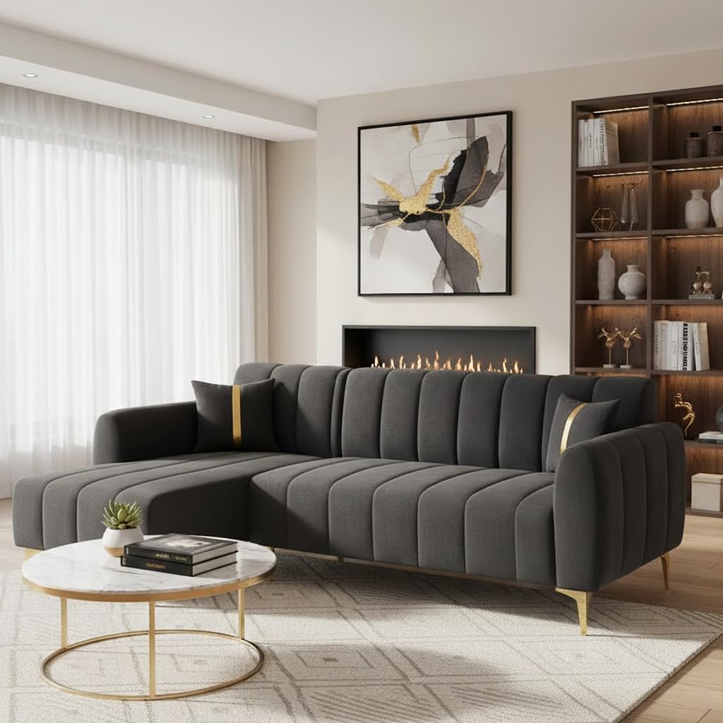 FURNY Harmony 4 Seater Fabric LHS L Shape Sofa Set (Dark Grey) with Golden Finish Legs & Premium Velvet Finish | Durable Comfort | Ideal for Living Room