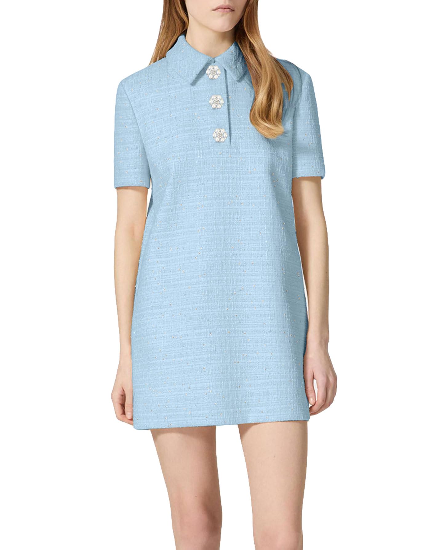 Womens Tweed Mini Shift Dress Polo Collared Party Formal Short Dress Rhinestone Button Up Work Tunic Dress