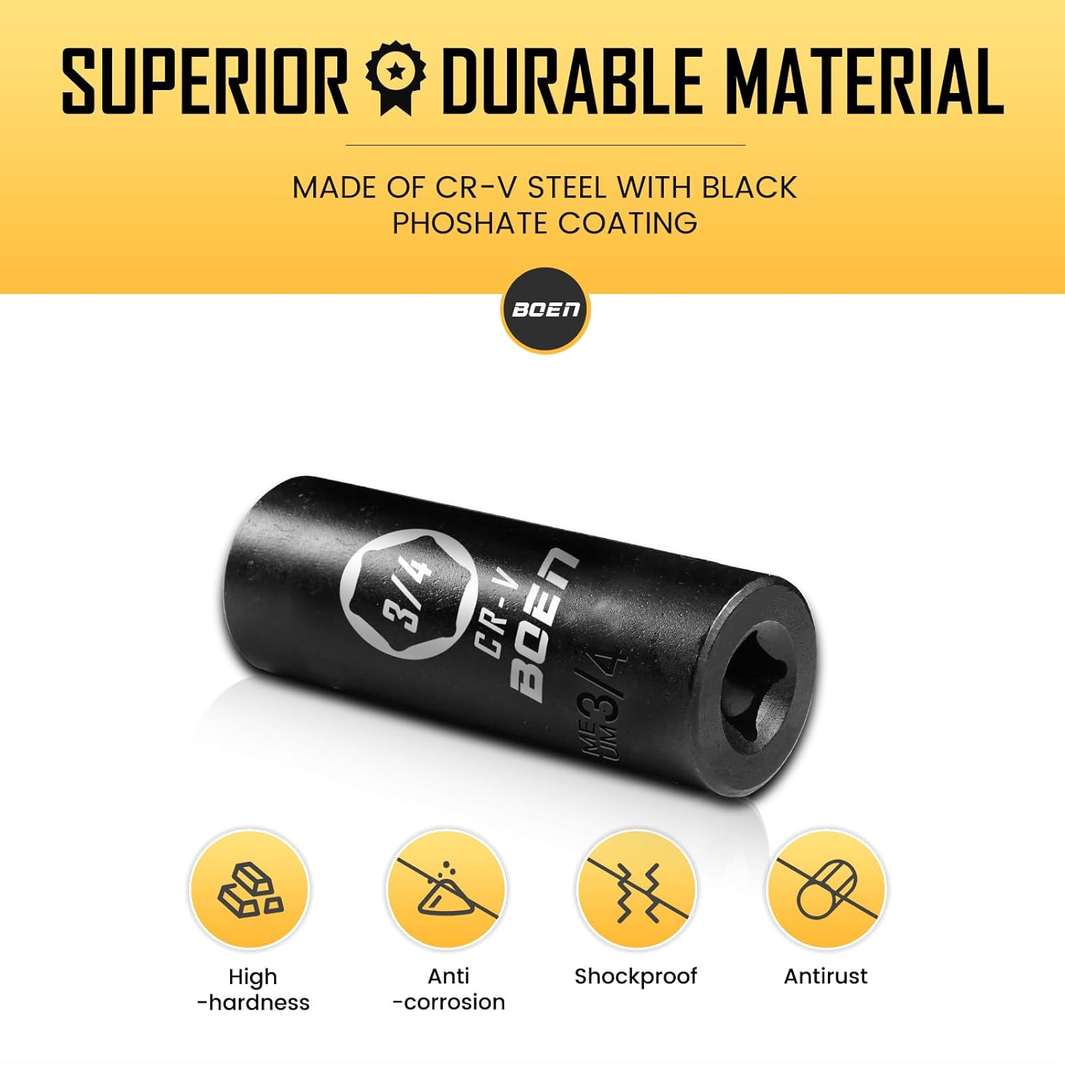 BOEN 3/8" Drive Deep Impact Sockets, Premium Impact Socket, 3/4" Socket, SAE, 6 Point,Cr-V Steel with Laser Marking - Strong and Durable