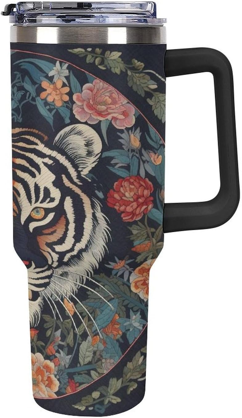 Tumblers Cup With Handle 40 Oz | Leakproof Insulated Mug with Lid & Handle | Animal Tiger Stripe Colorful Chinoiserie Coffee Mug Cup | Cupholder Friendly Cup | Fathers Day Gifts for Friends