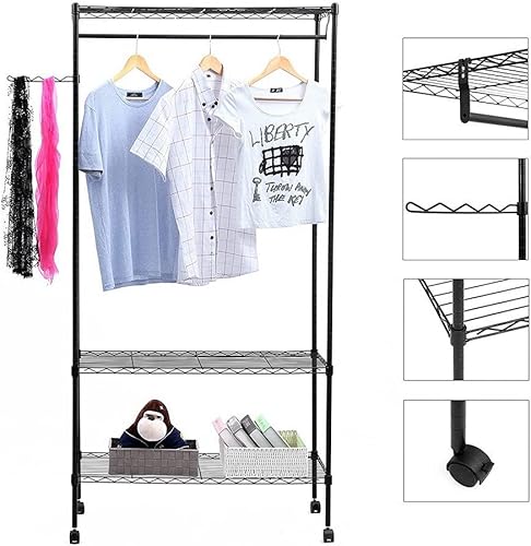 Miniatura 4 de Polyial Weave 3 niveles de gran tamaño ajustable resistente estante de ropa con estantes dobles para ropa y ruedas con bloqueo+1 par de ganchos