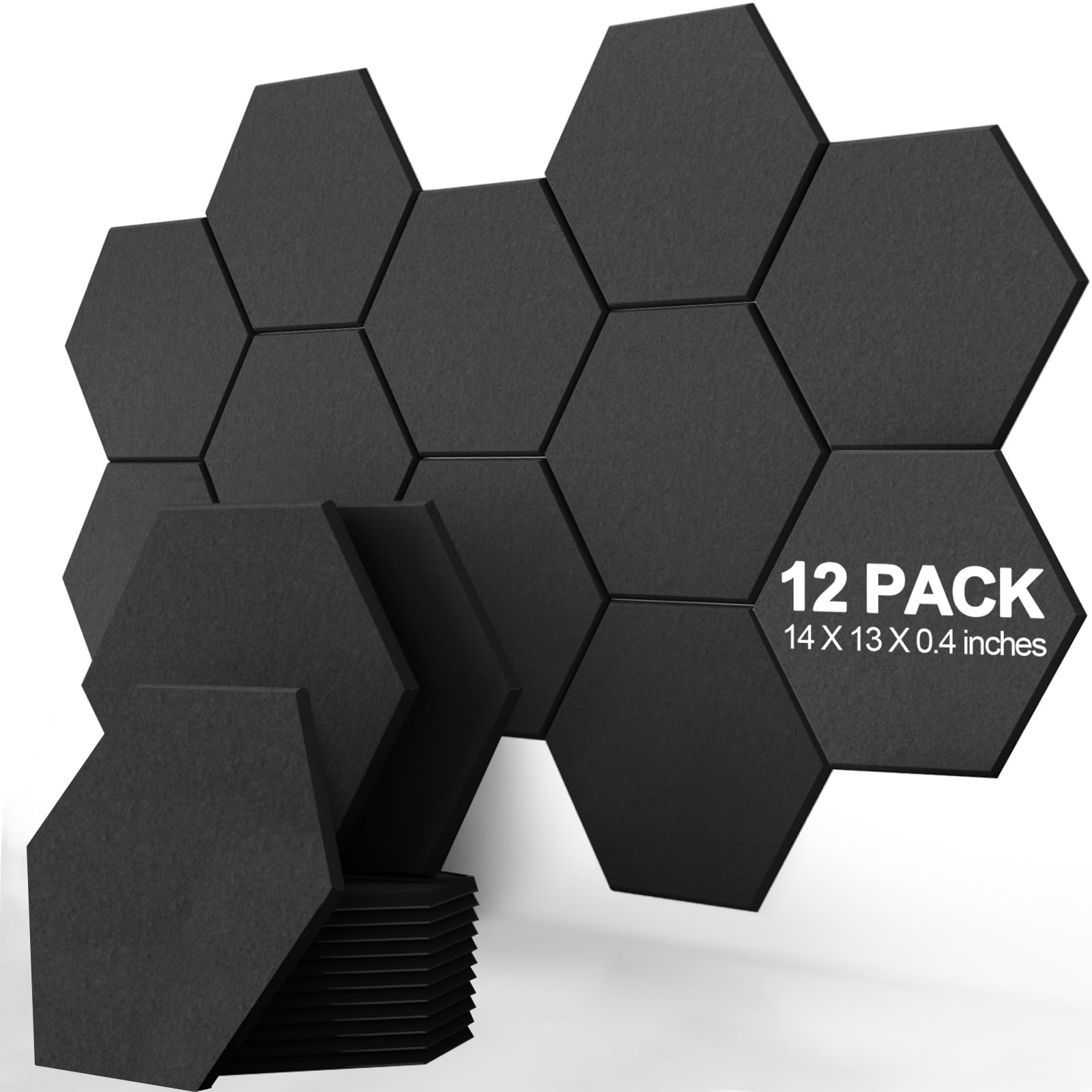 BUBOS 12 Pack Hexagon Acoustic Panels Soundproof Wall Panels,14 X 13 X 0.4Inches Sound Absorbing Panels Acoustical Wall Panels, Acoustic Treatment for Recording Studio, Office, Home,Black