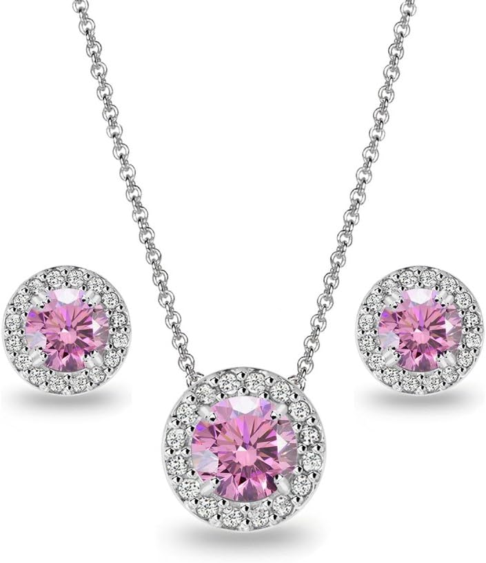 Sterling Silver Round Halo Necklace & Stud Earrings Set Made with European Crystals