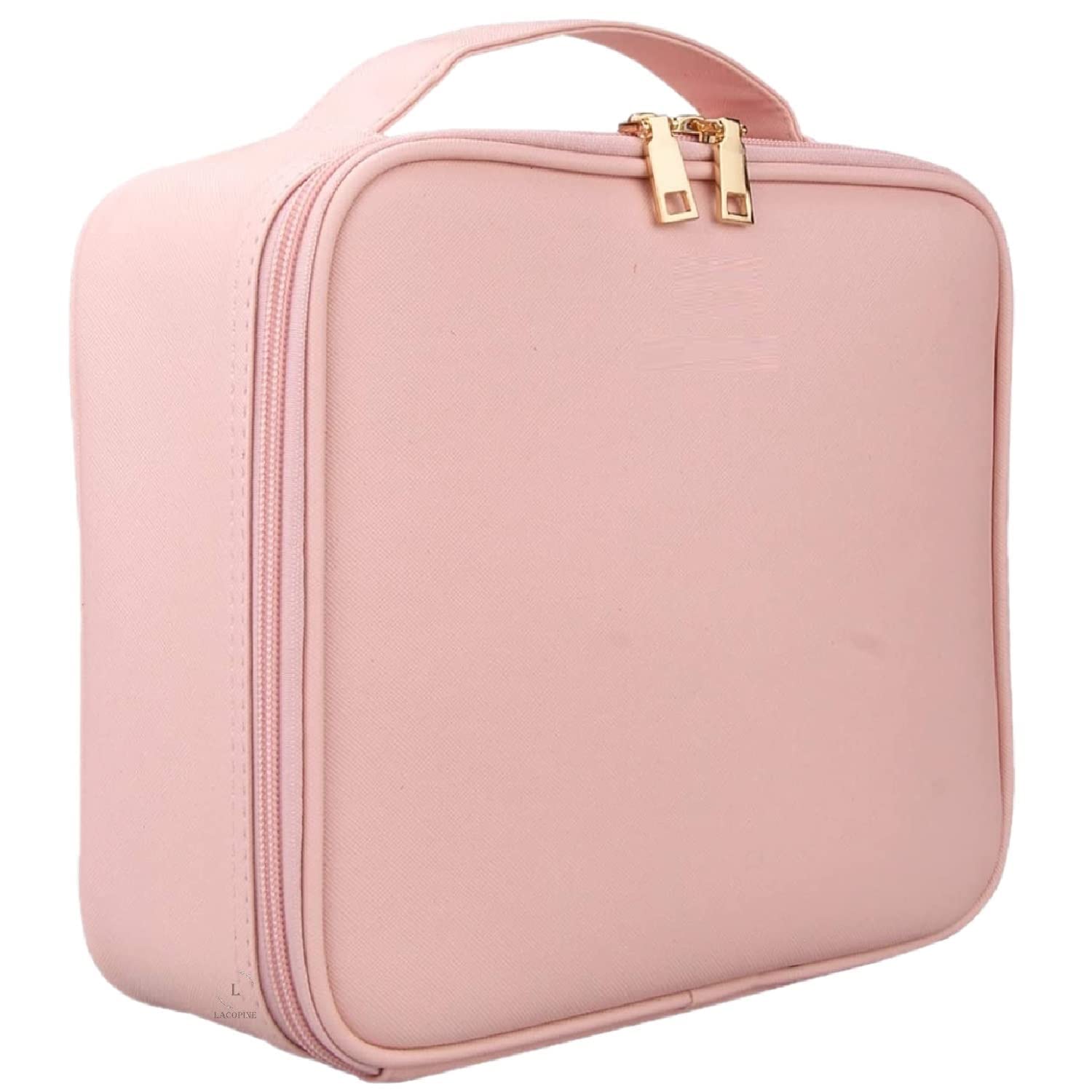 LACOPINE Nylon Makeup Organizer Cosmetic Artist Storage Case, Professional Makeup Bag With Adjustable Dividers, Elastic Makeup Brush Slots And Shoulder Strap For Women (BABY PINK)