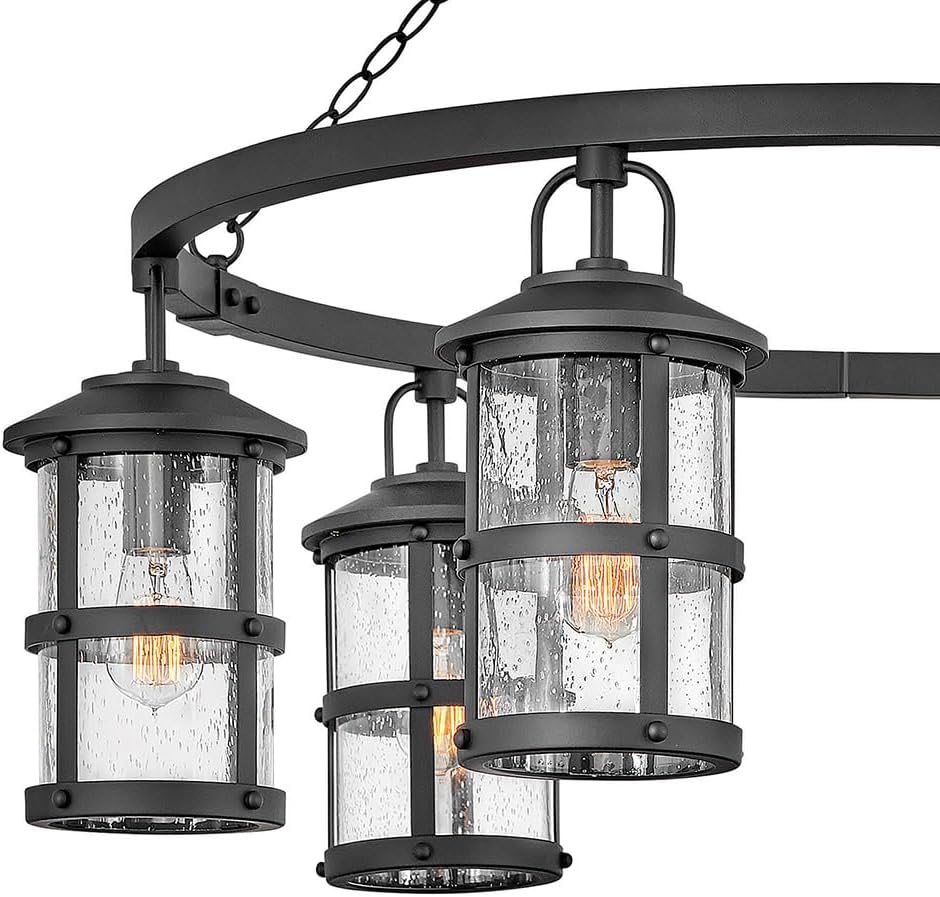 Hinkley Lakehouse Six Light Outdoor Single Tier Chandelier – Estate Series and Open Air Collection, Coastal, Aluminum, Clear Seedy Glass – Black Finish