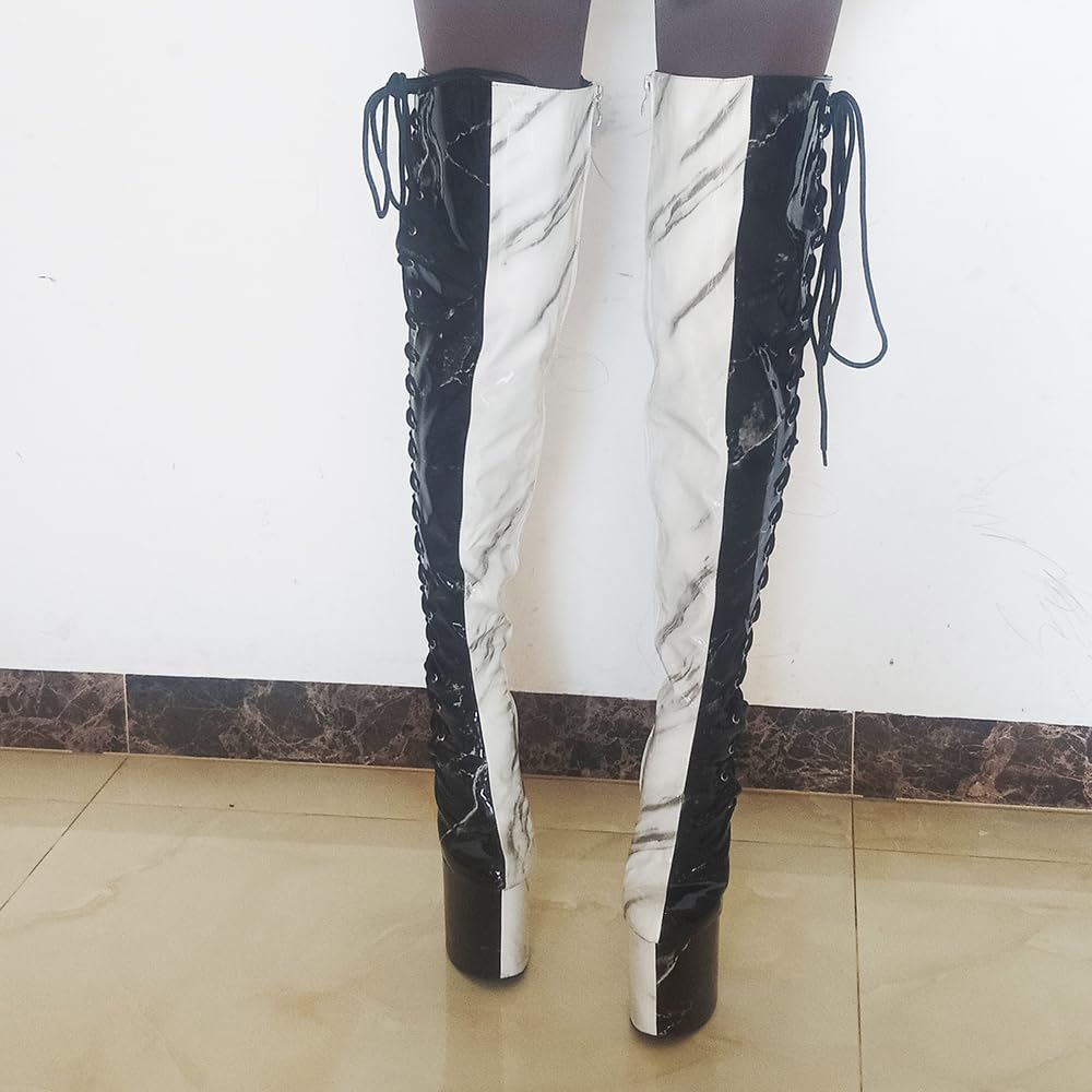 denova's Women's Patent 7.9in Very High Heel Lace Up Platform Pole Dance Over-The-Knee Thigh High Boot with Zipper: 10 Black-white Patent 6