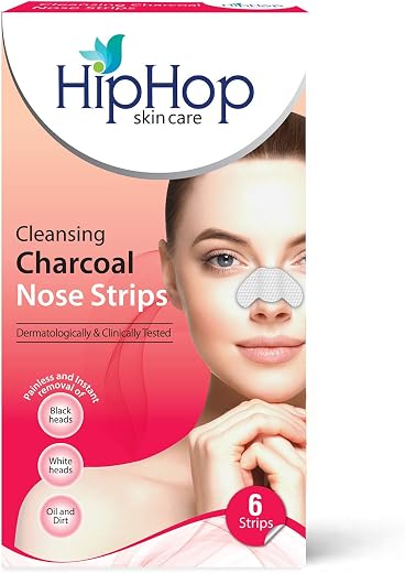 HipHop Skin Care Cleansing Charcoal Nose Strips (6 Strips), Blackheads, Whiteheads Remover, Pore Cleanser, with Natural Ex...