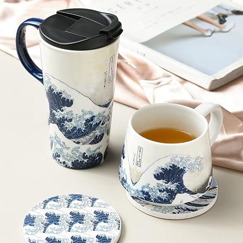 Miniatura 9 de DUSVALLY Taza de café de cerámica, taza de té de porcelana con caja de color, 12 onzas, ola de mar, regalo para mamá Día de la Madre