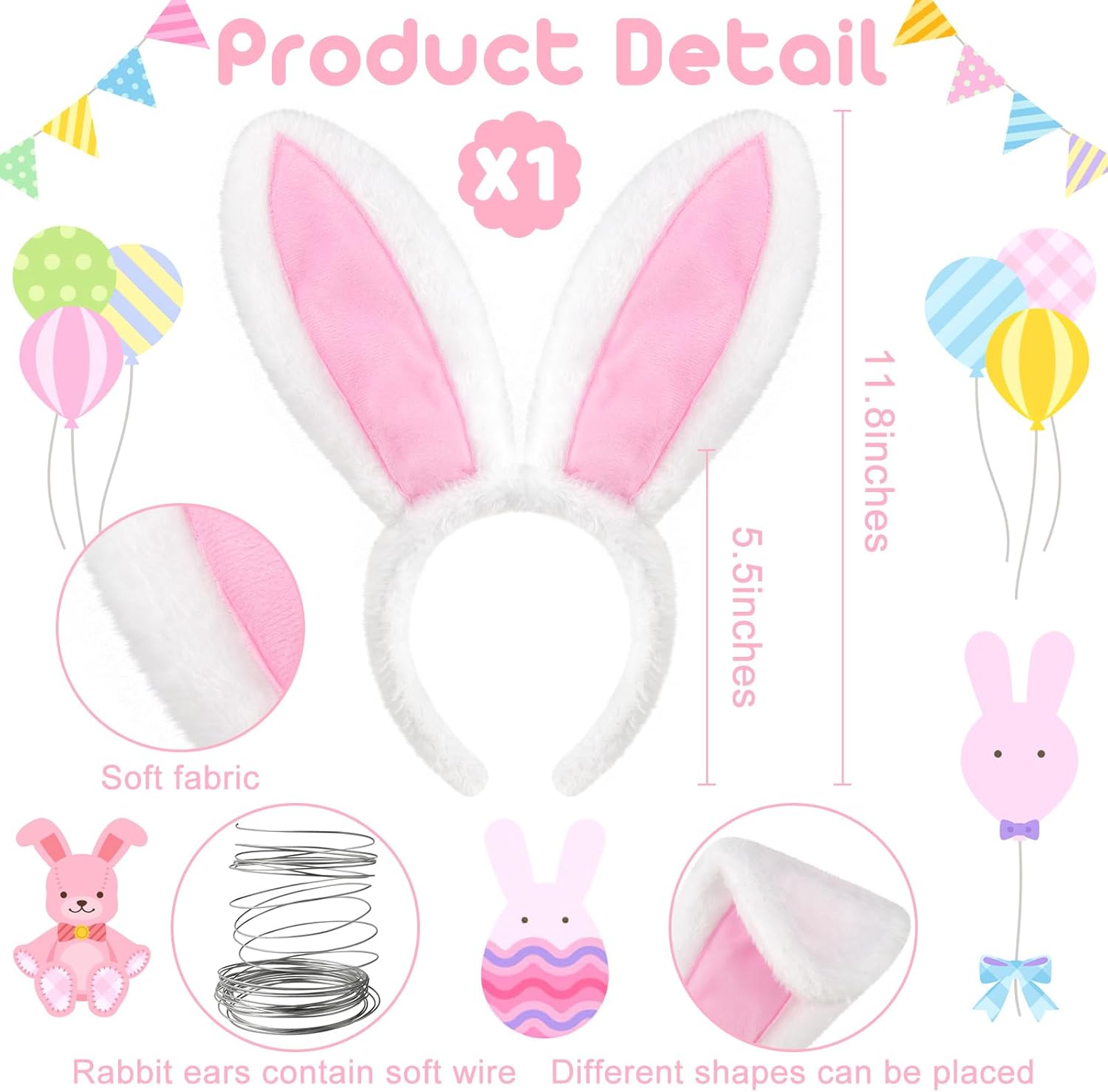 Mototo 4 PCS Easter Bunny Ears Costume Accessories Plush Bunny Ears Headband and Tail Set Rabbit Nose Bow Tie for Adult Girl Boy Halloween Cosplay Birthday Performance School Stage, White - Image 2