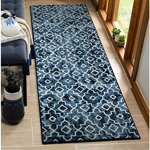 Wonnitar Moroccan Washable Runner Rug - 2x6 Poster Blue Hallway Rug Runner Non-Slip Laundry Rug,Distressed Soft Entryway Carpet Runner Modern Geometric Trellis Accent Mat for Bathroom Bedroom