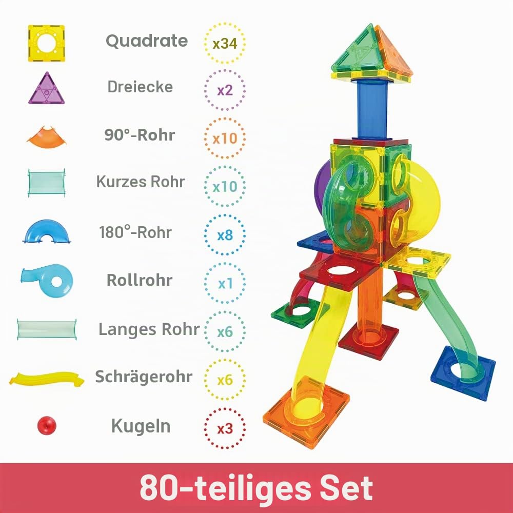 Desire Deluxe Laufball Magnetische Bausteine Magnet Montessori Spielzeug für Kinder, Lernspielzeug für Jungen und Mädchen, 3 4 5 6 7 8 Jahre alt, XXL Set mit 80 Teilen