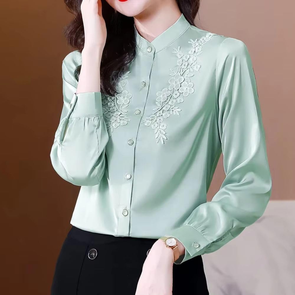 Women's Satin Embroidery Top Blouse Elegant Solid Long Sleeve Office Lady Simple Vintage Shirt