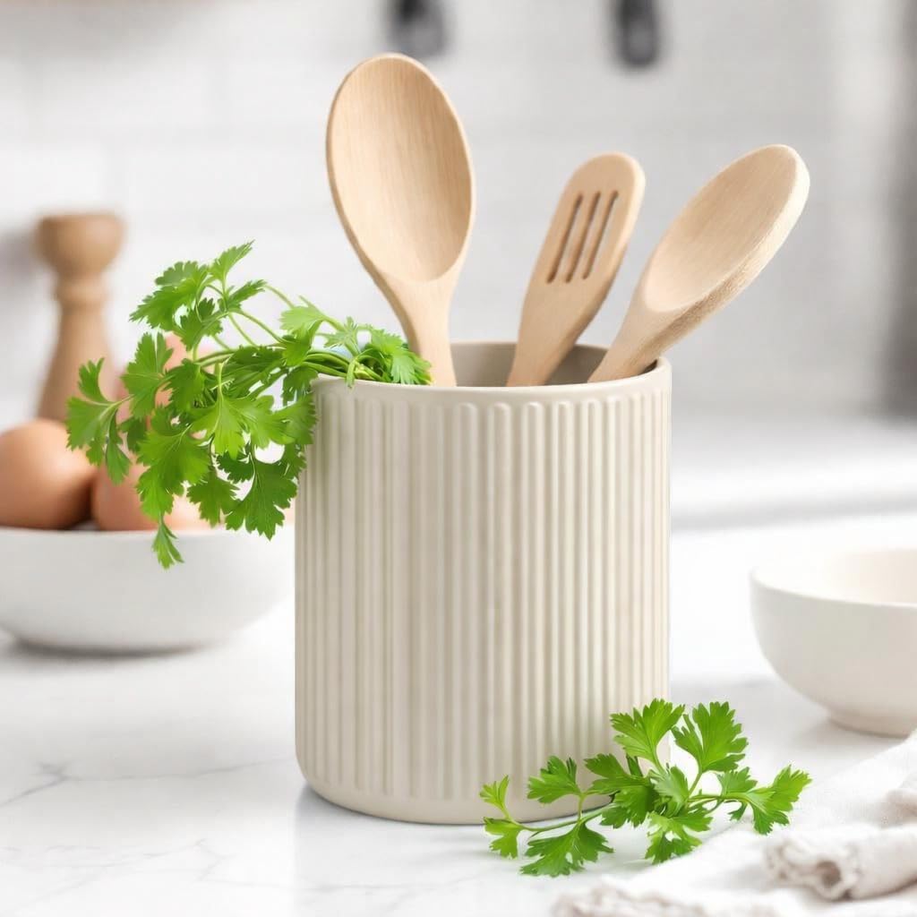 Ribbed Utensil Holder, Utensil Basket, Pot, Modern, Minimalist (Matt Bone White)
