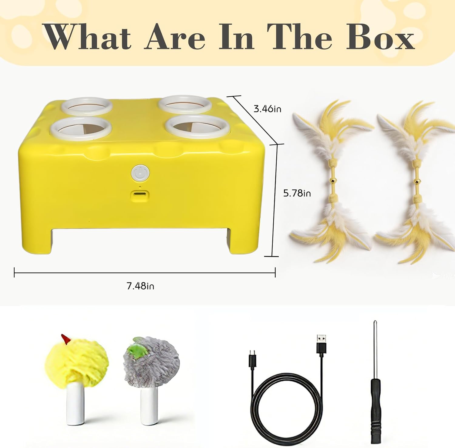 Cheese Box Interactive Cat Toy for Indoor Cats, 3-in-1 Whack a Mole Feather Toy, 3 Modes Rechargeable Auto Cat Toys for Bored Cats, 4 Holes Kitten Toy, 4 Accessories