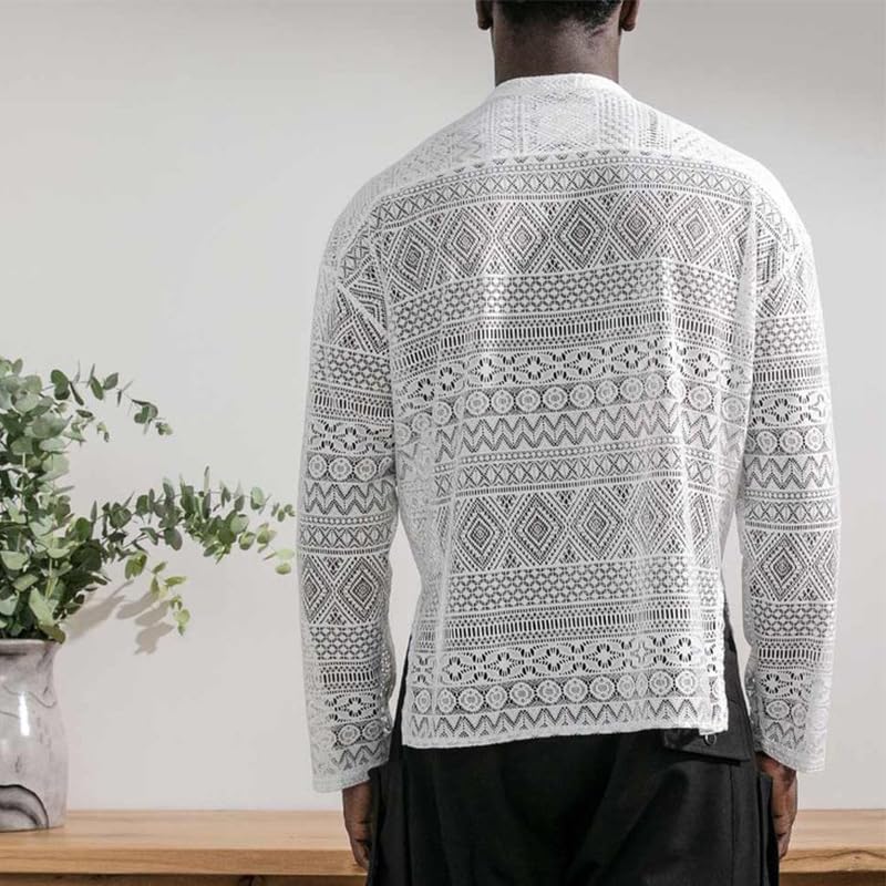 BaronHong Mens Sexy Top Shorts Suit Set Long Sleeve Lace Shirt Set Shorts Pants Hollow Outfit for Wedding Night4