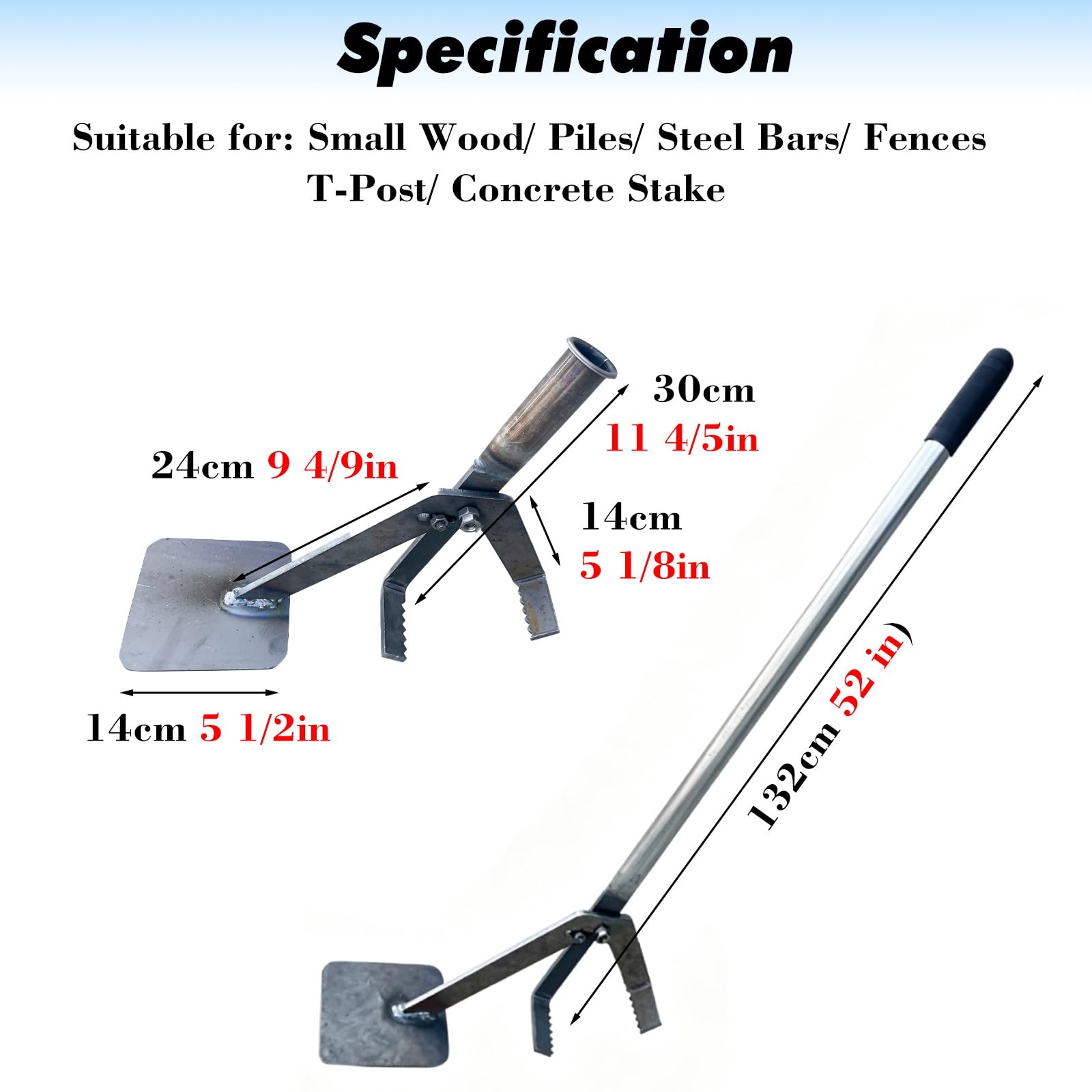 Extractor manual de postes para árboles pequeños, extractor de postes de valla portátil con abrazadera dentada para varillas de tierra, barras de acero y estacas de madera, 52 pulgadas de longitud