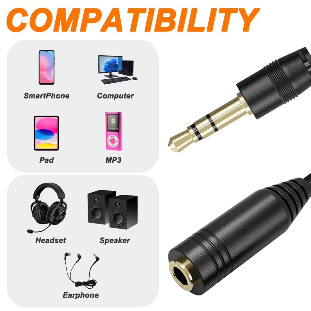 Przedłużacz słuchawek 3,5 mm, TRS męski na żeński, adapter wtykowy stereo z regulacją głośności do tabletów, MP3, z kablem audio typu C na 3,5 mm (2 sztuki)