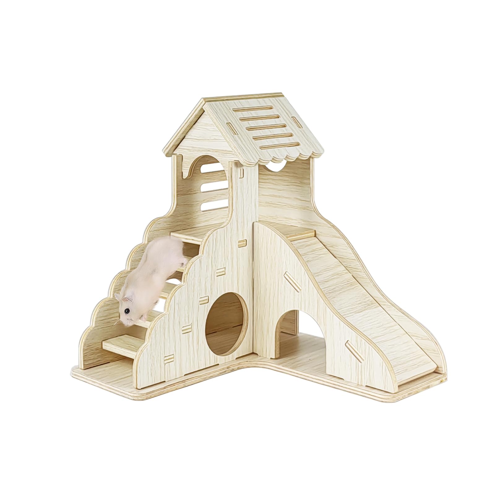 FWQJY Wood Hamster Hideout House Habitat Wooden Maze Hide Hut with Climbing Ladder and Platform Cage Accessories Toys for Dwarf Gerbils Mouse Mice Rat