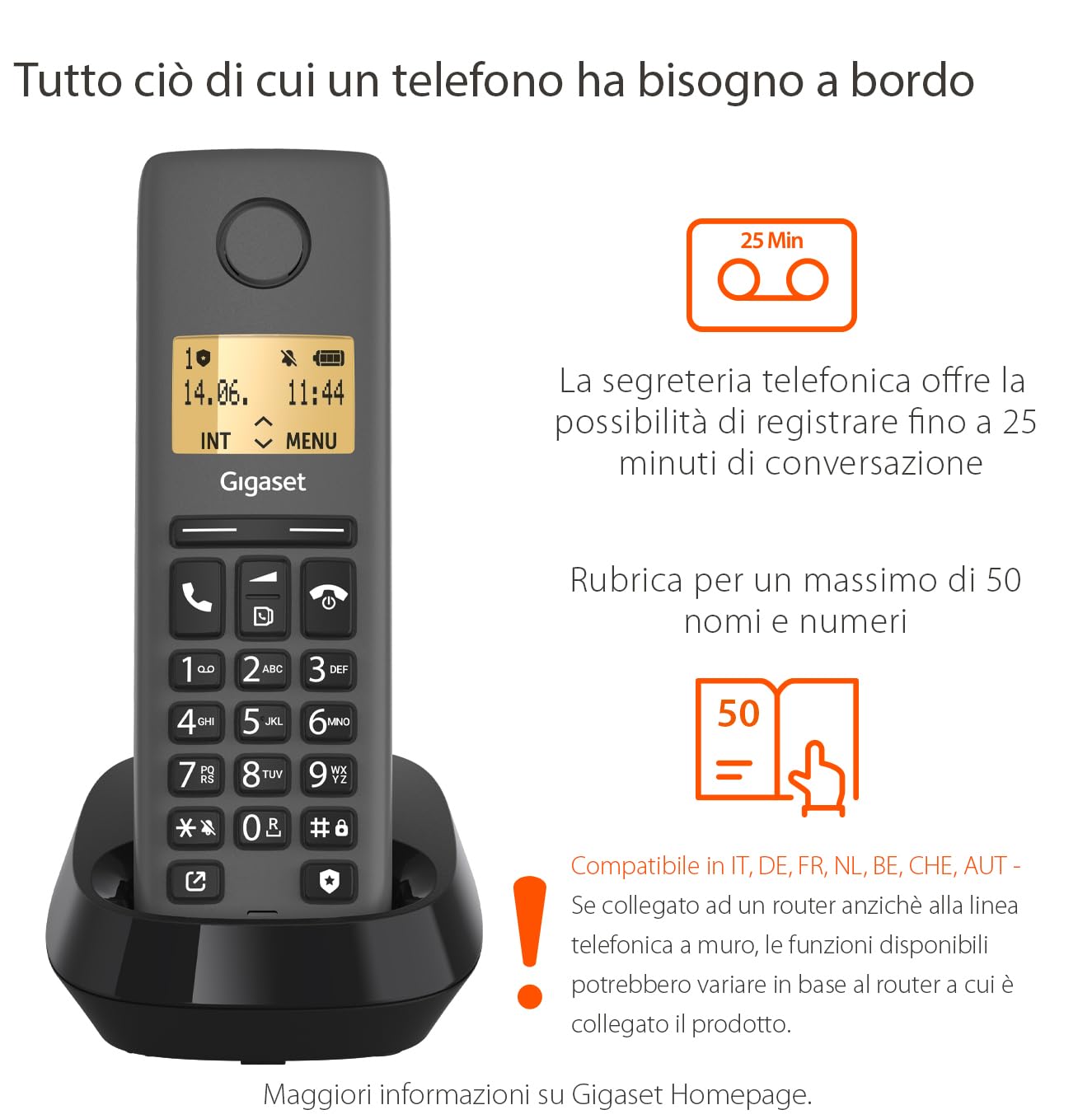 Gigaset PURE 120 - Telefono cordless - Protezione dalle chiamate indesiderate, Nero Antracite [Compatibile in IT, DE, FR, NL, BE, CHE, AUT]