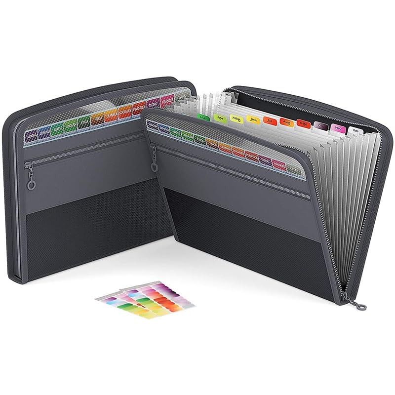 Cartella espandibile, Organizer for cartellette a Fisarmonica con 13 Tasche con Cerniera, Lettera A4, Multicolore, Confezione da 1/2 | Black Gray