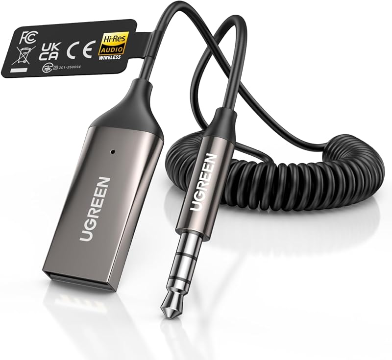 Aux to Bluetooth 6.0 Car Adapter with LDAC, 3.5mm Aux Adapter Built-in Microphone, Car Bluetooth Audio Receiver for Hands-Free Calls Compatible with Speaker & Home Audio