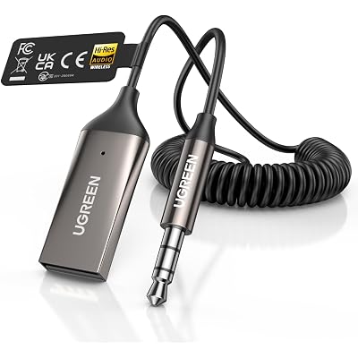 UGREEN Aux to Bluetooth 6.0 Car Adapter with LDAC, 3.5mm Aux Adapter Built-in Microphone, Car Bluetooth Audio Receiver for Hands-Free Calls Compatible with Speaker & Home Audio
