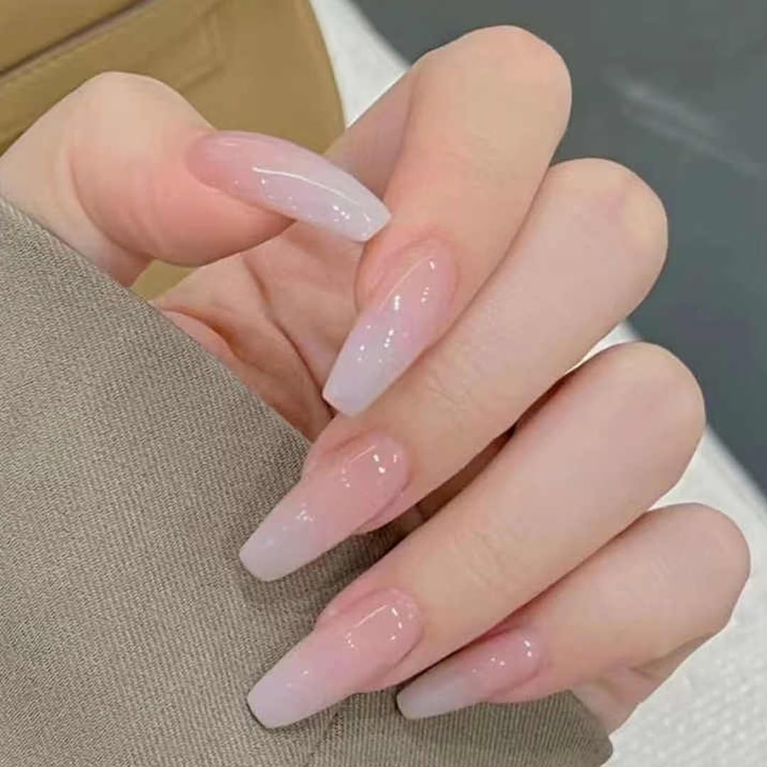 Press-on Coffin Nails, Long Length, Glossy Pink Ombre, Artificial French Manicure Tips-image-36