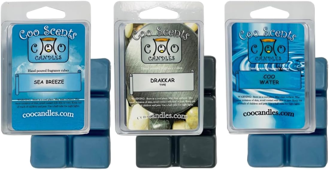 Cool Man Cave Mix Scented Wax Melts, 3 Pack – USA Made – Wax Cubes for Wax Melt Warmer, Masculine Variety Pack - Cologne and Ocean scents - 1 Pack of Each of Drakkar Type, Cool Water, & Sea Breeze