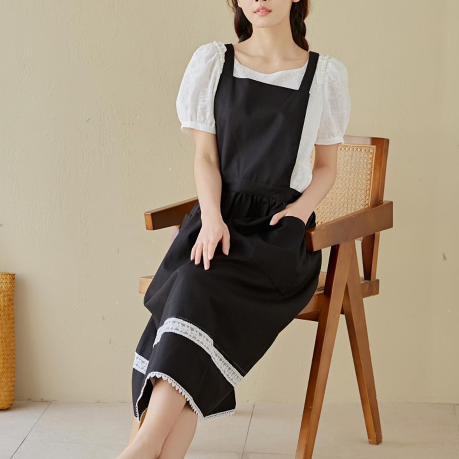 Fartuch Damski Fartuch Lniany Bawełniany Krzyż Na Plecach Z Kieszeniami Sukienka Pinafore Dla Szefa Kuchni Ogrodnictwo Gotowanie Malowanie Black,One Size