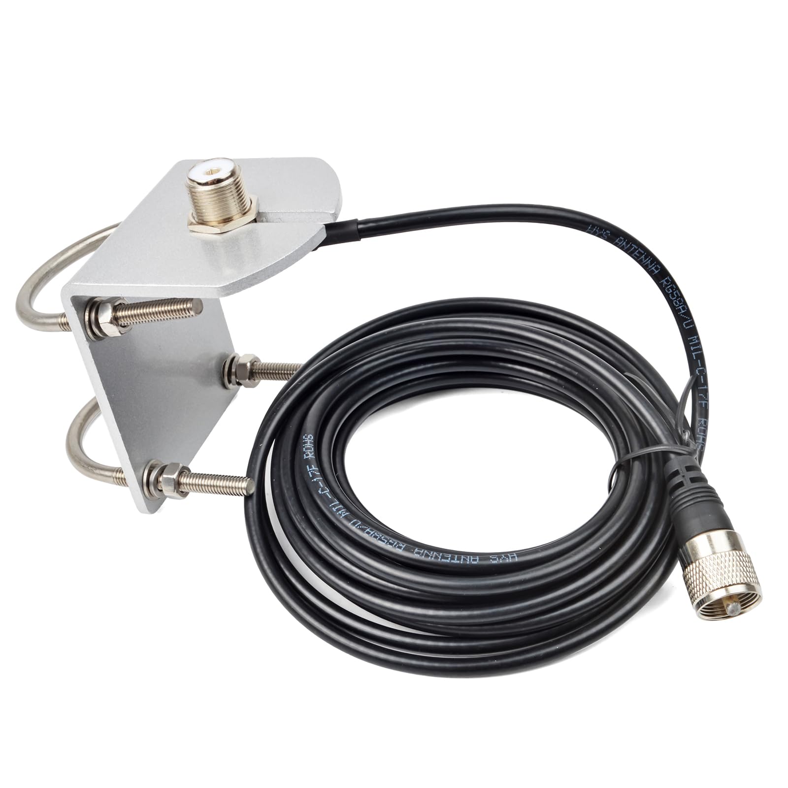 HYS L Shape Mount Mobile Antenna Bracket SO239 to PL-259 W/16.4ft(5m) Low Loss RG-58 Coaxial Cable, Heavy Duty Aluminum with 2pcs U-Bolts for PL259(UHF Male) HF/VHF/UHF Mobile Radio Antenna