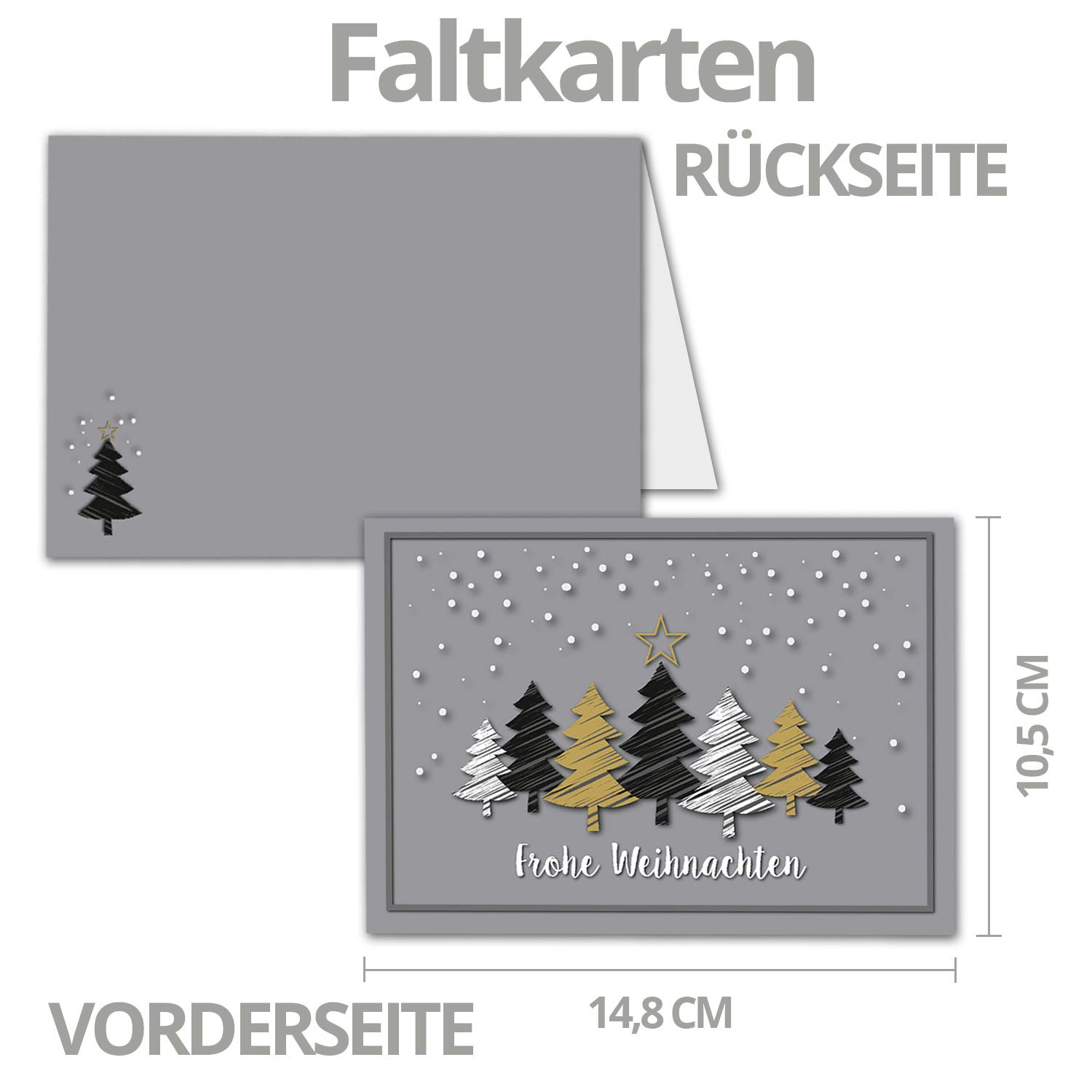 NEUSER PAPIER 100x Weihnachtskarten-Set DIN A6 in Grau mit Weihnachtsbäumen in Scratch-Optik - Faltkarten mit Umschlägen DIN C6 Creme mit goldenen Motiven - Weihnachtsgrüße für Firmen und Privat