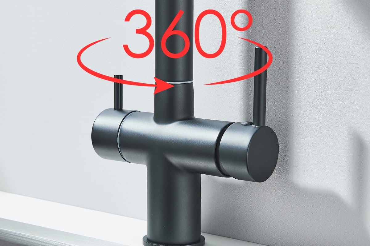 Rubinetto da cucina a 3 vie VENOM Pull-Out con doccetta estraibile, tubo separato per acqua potabile filtrata, beccuccio girevole a 360°, 2 tipi di getto, cartuccia in ceramica, corpo in ottone (nero)